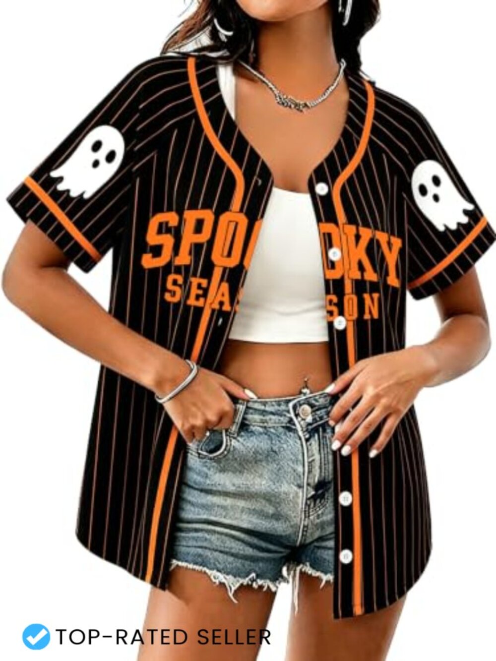 Spooky Season Halloween Jersey Pumpkin Print Short Sleeve Button Up Top